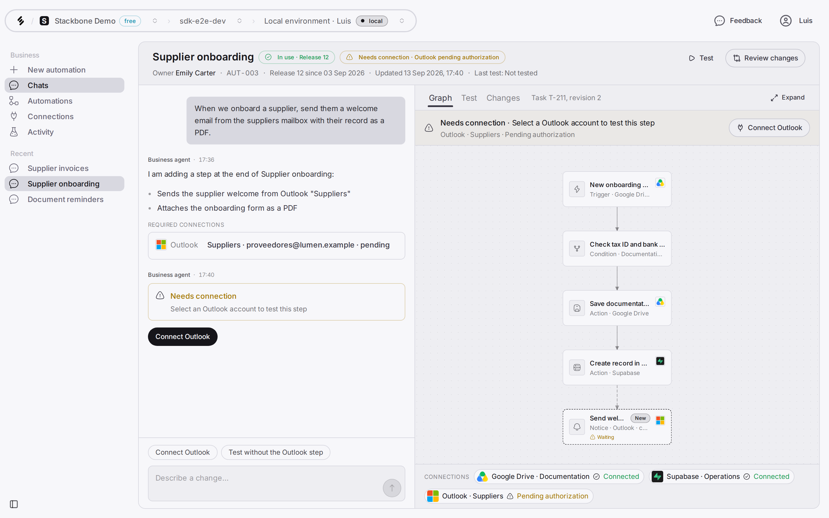 Business view: an automation drawn as a graph next to the chat that built it.