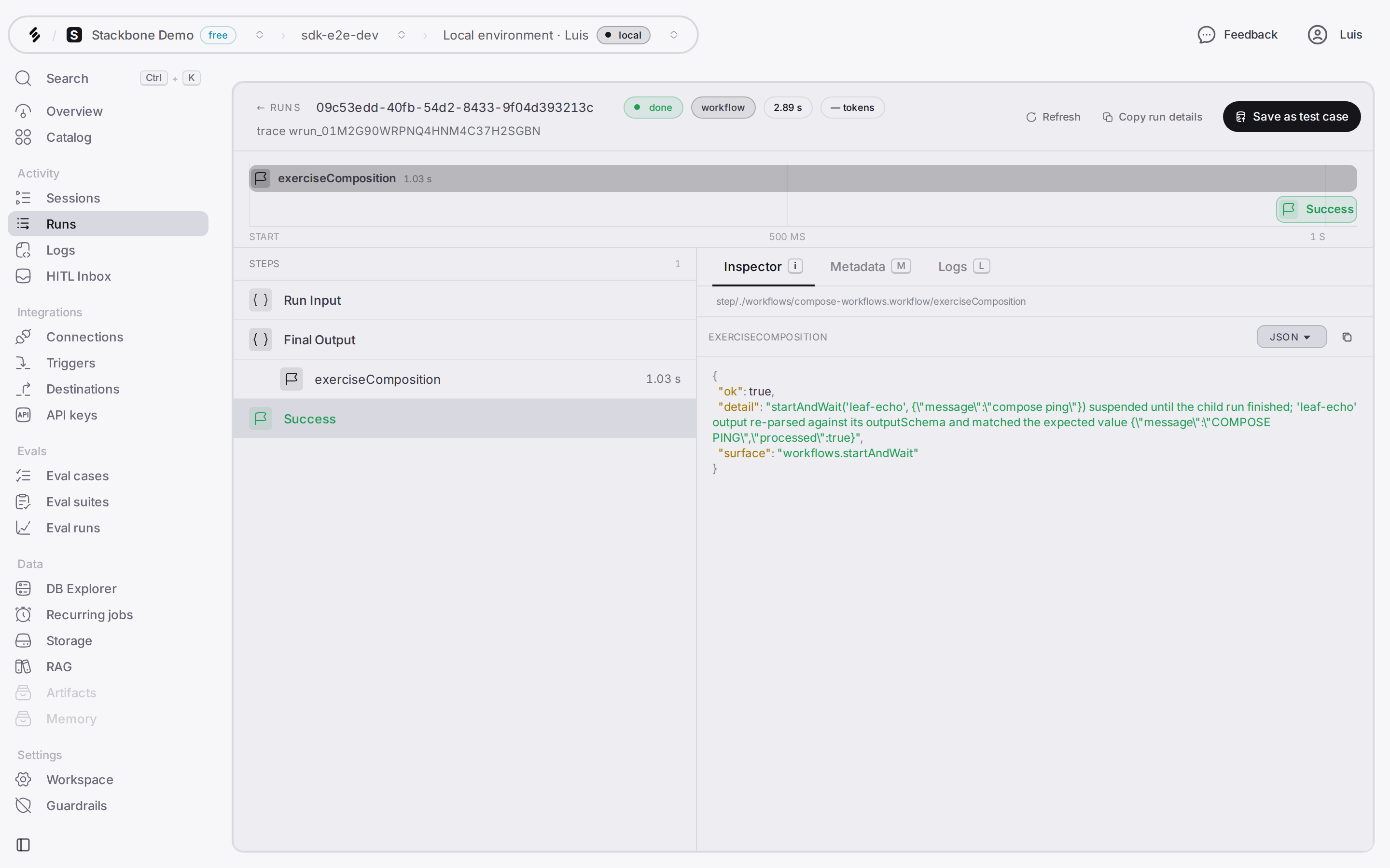 Stackbone Studio: one run with its steps, timing and output.